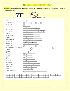 Preview of PI DAY: WORD JUMBLE: 25 WORDS TO DECIPHER, AND A HIDDEN MESSAGE!