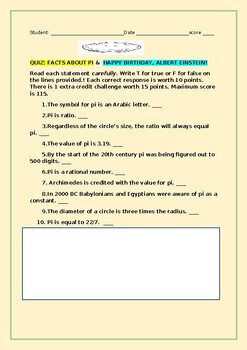 Preview of PI QUIZ: FACTS ABOUT PI & WORD PROBLEM GRS. 5-9