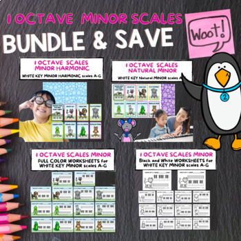 Preview of PIANO SCALES 1 Octave MINOR Scale BUNDLE with Activity Cards & Worksheets
