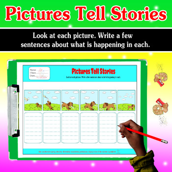 Preview of PICTURES TELL STORIES 6 pictures sequencing writing prompts ABA ESL 3 OF 4