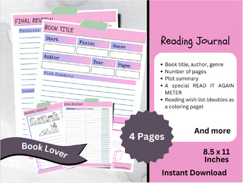 Preview of PINK Book Lover, Reading Challenge, Printable Reading Log With Summary