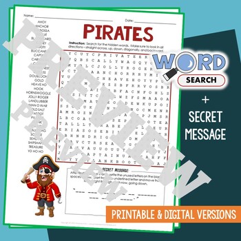 Preview of PIRATE Word Search Puzzle Activity Vocabulary Worksheet With Secret Message