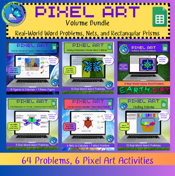 Preview of PIXEL ART - 64 Volume Problems, 6 Math Mystery Pictures Bundle (Google Sheets)