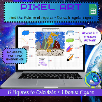 Preview of PIXEL ART - Calculate Volume, 8 3D Figures + Bonus Fig, Seahorse (Google Sheets)