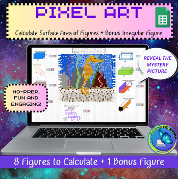 Preview of PIXEL ART - Surface Area, 8 Figures + Bonus Irregular, Seahorse (Google Sheets)