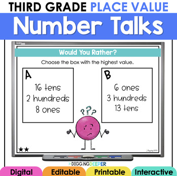 Preview of PLACE VALUE Digital Number Talks Third Grade Math Warm Ups