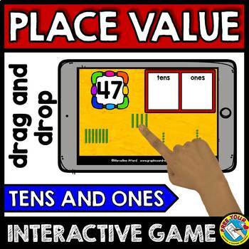 Preview of 1ST GRADE PLACE VALUE BASE TENS AND ONES DIGITAL GAME BOOM CARDS MATH ACTIVITY