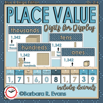 Preview of PLACE VALUES DIGITS for DISPLAY Blue and Beige Theme Interactive Math