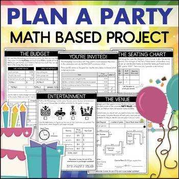 Preview of PLAN A PARTY 4th Grade Math Enrichment Project Decimals Area Elapsed Time