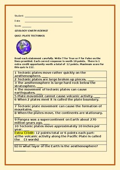 Preview of PLATE TECTONICS/ GEOLOGY QUIZ: GRADES 6-9, EARTH SCIENCE W/ANS. KEY