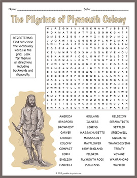Preview of PLYMOUTH COLONY PILGRIMS Word Search Puzzle Worksheet Activity