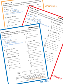 Preview of PMDAS order of operations. Fun way to practice, while deciphering words.