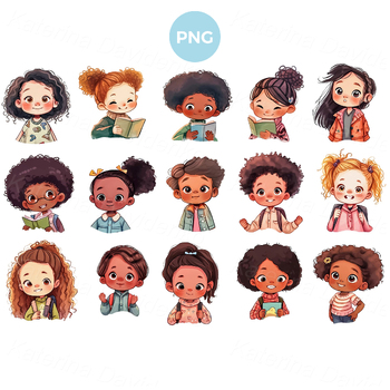 Preview of PNG clipart set of little girl faces with different emotions, cartoon kids
