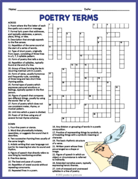 Preview of (6th, 7t, 8th, 9th Grade) POETRY TERMS Crossword Puzzle Worksheet Activity