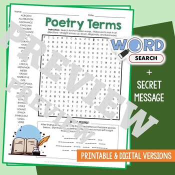 Preview of POETRY TERMS Word Search Puzzle Vocabulary Activity Worksheet