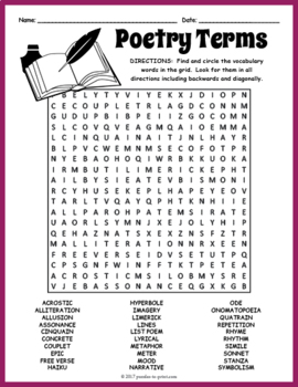 Preview of  (3rd, 4th, 5th, 6th Grade) POETRY TERMS Vocabulary Word Search Puzzle Worksheet