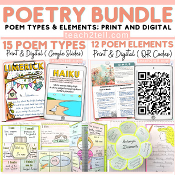 Preview of National Poetry Month Poem Writing Activities Poem Types Poetry Elements Bundle
