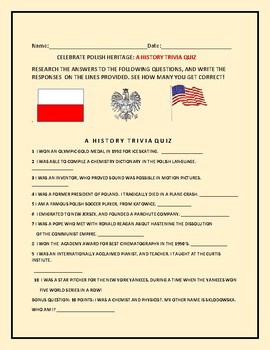 Preview of POLISH HERITAGE: A HISTORY TRIVIA QUIZ W/BONUS QUESTION/ ANSWER KEY