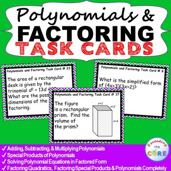 Preview of POLYNOMIALS AND FACTORING - Task Cards {40 Cards}