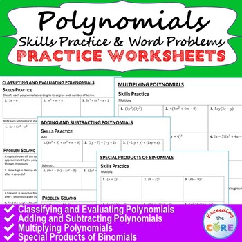 Preview of POLYNOMIALS Homework Worksheets: Skills Practice & Word Problems