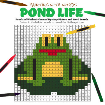 Preview of POND LIFE Reading and Writing Vocabulary Word Search Mystery Picture to Color