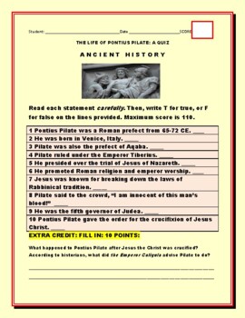 Preview of PONTIUS PILATE: ANCIENT HISTORY: QUIZ  T/F WITH ANSWER KEY