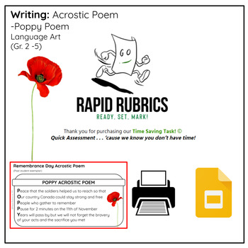 Preview of POPPY Acrostic Poem - Remembrance Day Time Saving Task - Ontario - Rapid Rubrics