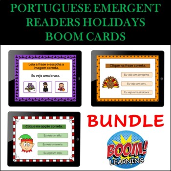 Preview of PORTUGUESE EMERGENT READERS HOLIDAYS BOOM CARDS BUNDLE