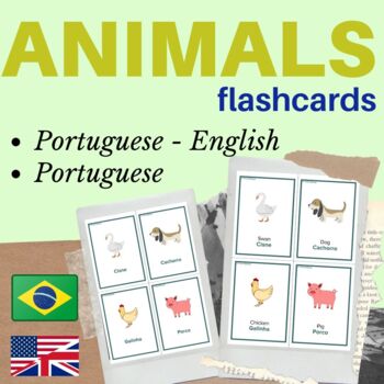 Preview of PORTUGUESE animals flash cards | ANIMAIS animal portuguese flashcards