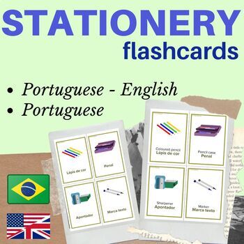 Preview of PORTUGUESE stationery FLASH CARDS | classroom items portuguese flashcards
