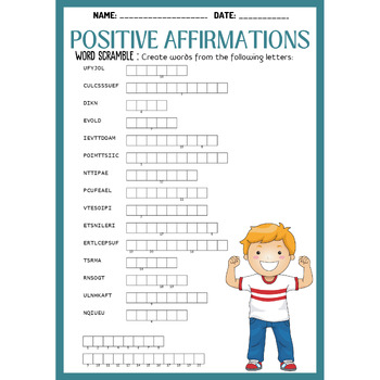 POSITIVE AFFIRMATIONS bundle - word search & word scramble & crossword