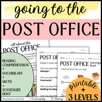 Preview of POST OFFICE LIFE SKILLS | Reading Comprehension, Math & Community Scavenger Hunt