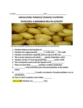 Preview of POTATOES: AN AGRICULTURAL RESEARCH ASSIGNMENT: GRS. 5-9, SCIENCE & COOKING