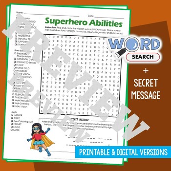 Preview of POWERS, ABILITIES OF SUPERHEROES Word Search Puzzle Activity Vocabulary Sheet