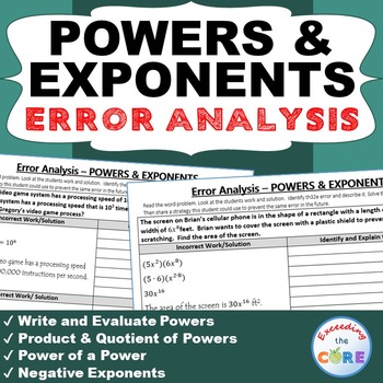 Preview of POWERS AND LAW OF EXPONENTS Word Problems -  Error Analysis  (Find the Error)