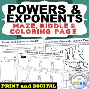 Preview of POWERS LAW OF EXPONENTS Maze, Riddle, & Coloring Page | Print and Digital