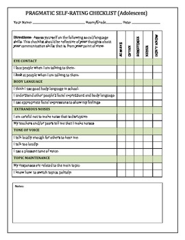Preview of PRAGMATIC SELF-RATING CHECKLIST (Adolescent)