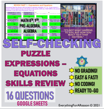 Preview of Back to School Pre-Assess EXPRESSIONS AND EQUATIONS PUZZLE pdf + Easel