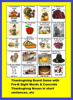 Preview of PRE-K THANKSGIVING BOARD GAME FOR LITERACY (ESL HELPFUL)