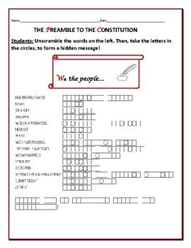 Preview of PREAMBLE TO THE CONSTITUTION: AN AMERICAN  HISTORY WORD JUMBLE PUZZLE!