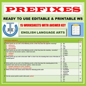 Preview of PREFIXES: 15 WORKSHEETS WITH ANSWER KEY