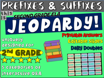 Preview of PREFIXES/SUFFIXES Second Grade ELA JEOPARDY! handouts, Interactive PPT Gameboard