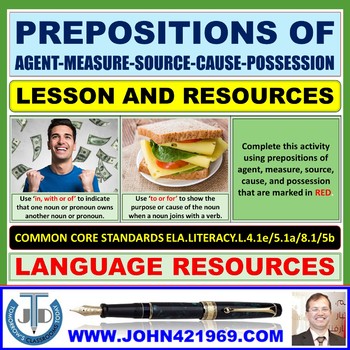 Preview of PREPOSITIONS OF AGENT MEASURE SOURCE POSSESSION CAUSE LESSON RESOURCES