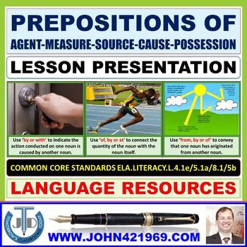 Preview of PREPOSITIONS OF AGENT MEASURE SOURCE POSSESSION CAUSE LESSON PRESENTATION