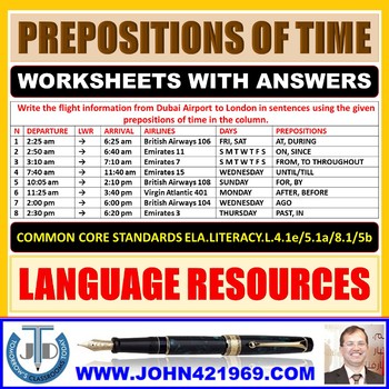 Preview of PREPOSITIONS OF TIME WORKSHEETS WITH ANSWERS