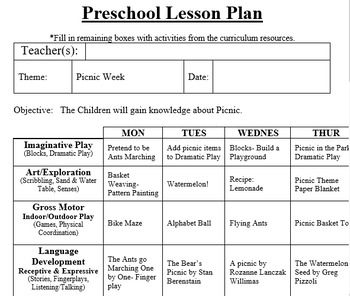 PRESCHOOL LESSON PLAN and ACTIVITIES- Picnic Week | TpT