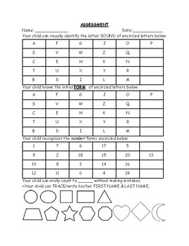 Preview of PRESCHOOL/PREK/DAYCARE ASSESSMENT FOR LETTERS, LETTER SOUNDS, NUMBERS, SHAPE