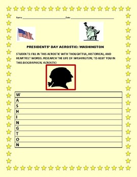 Preview of PRESIDENTS' DAY: 2 BIOGRAPHICAL  ACROSTIC ACTIVITIES: WASHINGTON & LINCOLN