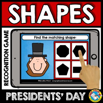 Preview of PRESIDENTS DAY BOOM CARDS MATH FEBRUARY ACTIVITY KINDERGARTEN 2D SHAPES GAME