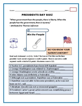 Preview of PRESIDENTS DAY QUIZ: DO YOU KNOW YOUR NATION'S HISTORY? W/ANS. KEY